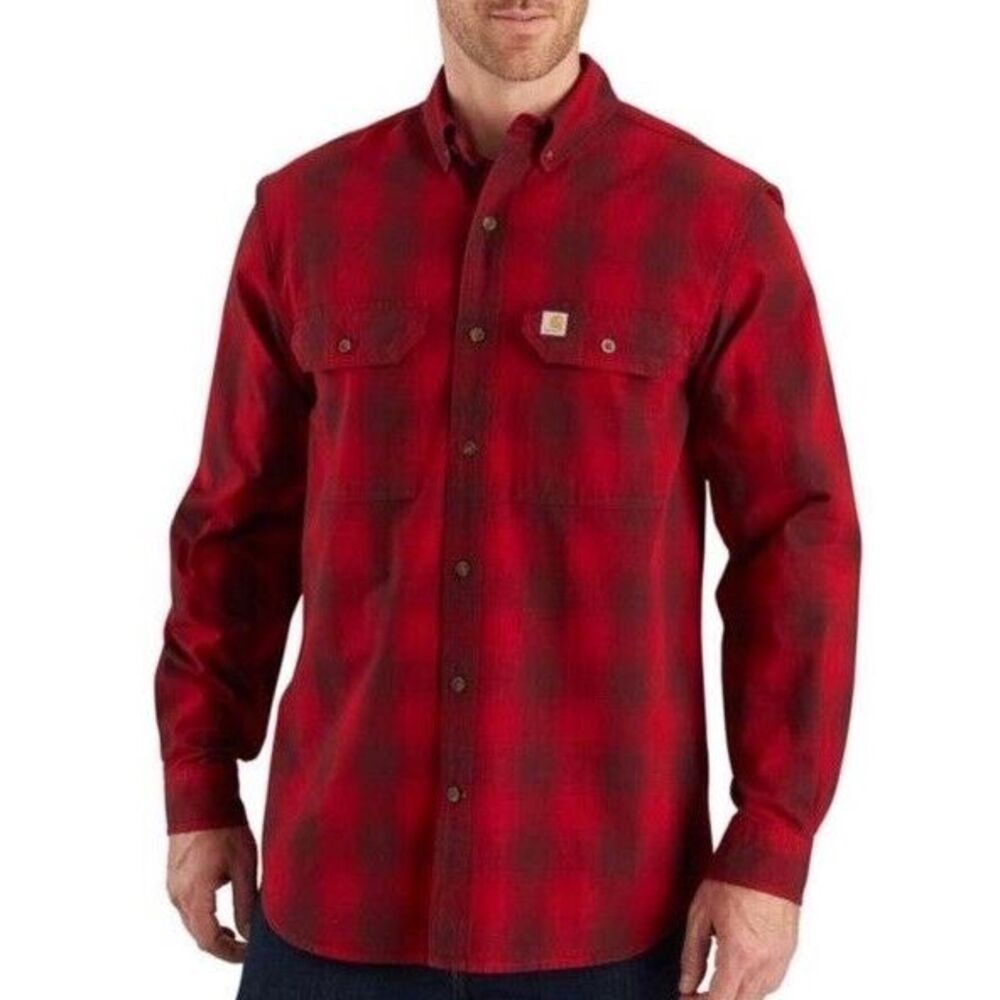 Carhartt Fort Plaid Shirt Men XL Regular Long Sleeve Cotton Button Front Red‎